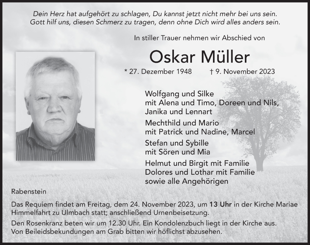  Traueranzeige für Oskar Müller vom 18.11.2023 aus FZ