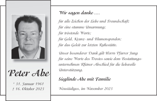 Traueranzeige von Peter Abe von FZ