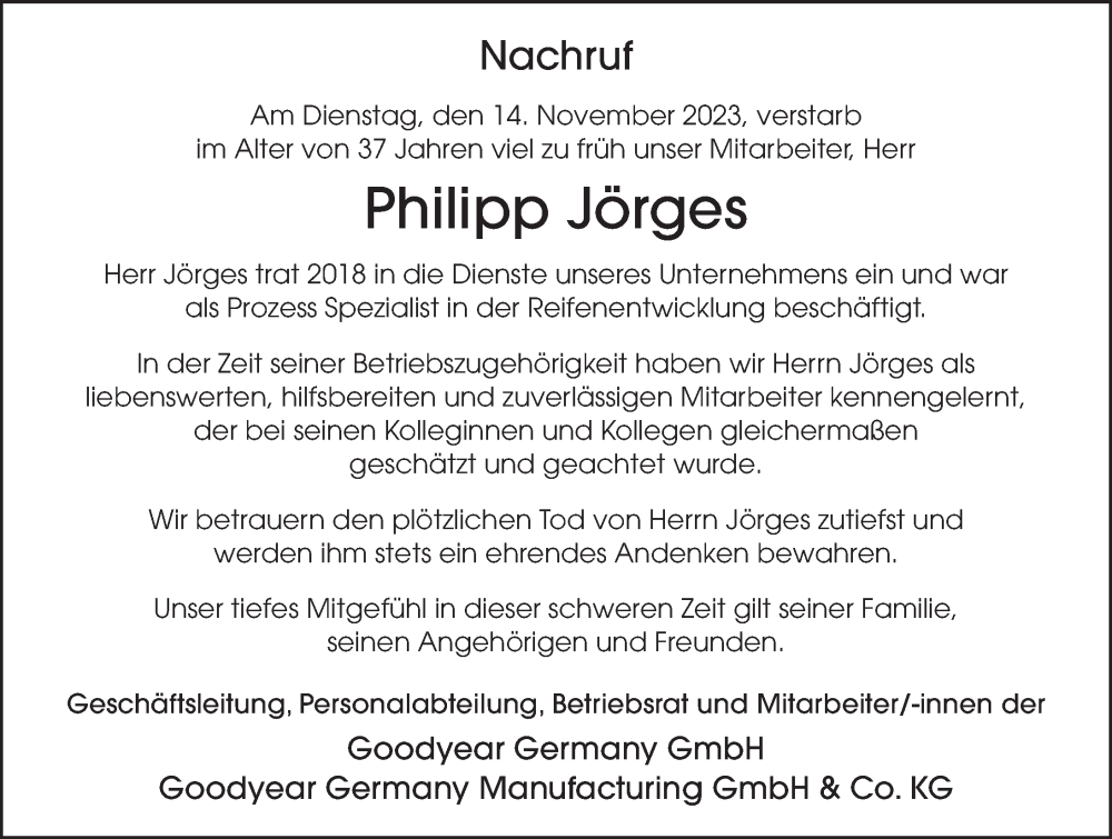  Traueranzeige für Philipp Jörges vom 20.11.2023 aus FZ