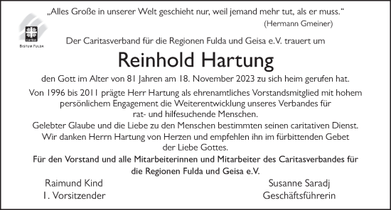 Traueranzeige von Reinhold Hartung von FZ
