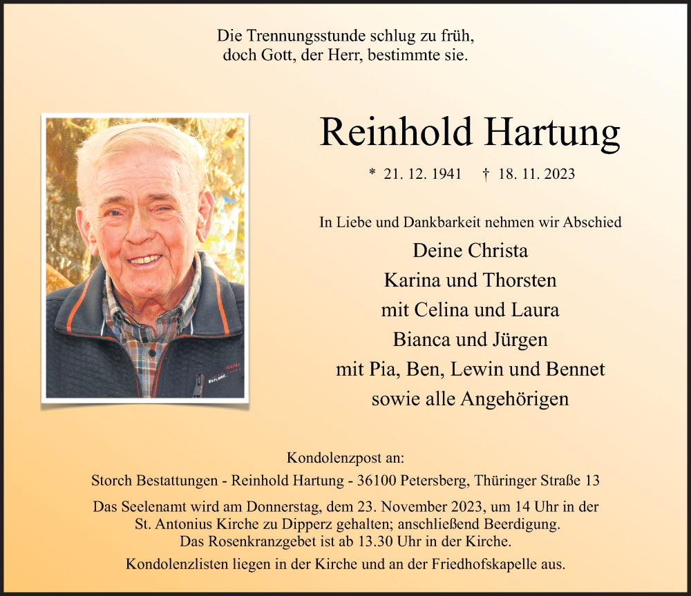  Traueranzeige für Reinhold Hartung vom 21.11.2023 aus FZ