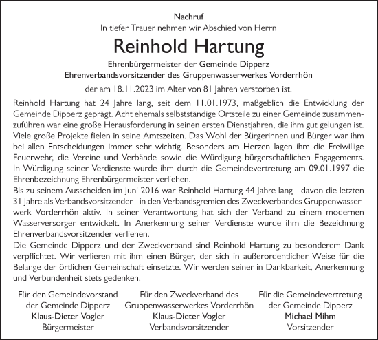 Traueranzeige von Reinhold Hartung von FZ