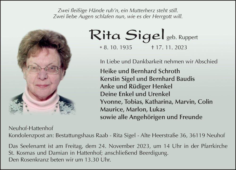  Traueranzeige für Rita Sigel vom 21.11.2023 aus FZ