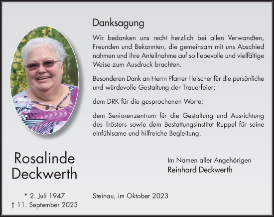 Traueranzeige von Rosalinde Deckwerth von FZ