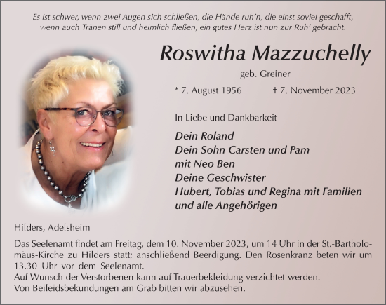Traueranzeige von Roswitha Mazzuchelly von FZ