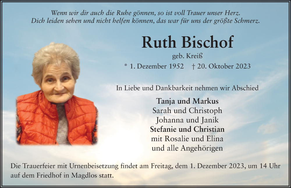  Traueranzeige für Ruth Bischof vom 11.11.2023 aus FZ