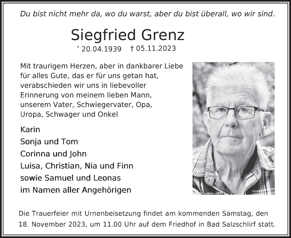  Traueranzeige für Siegfried Grenz vom 14.11.2023 aus FZ