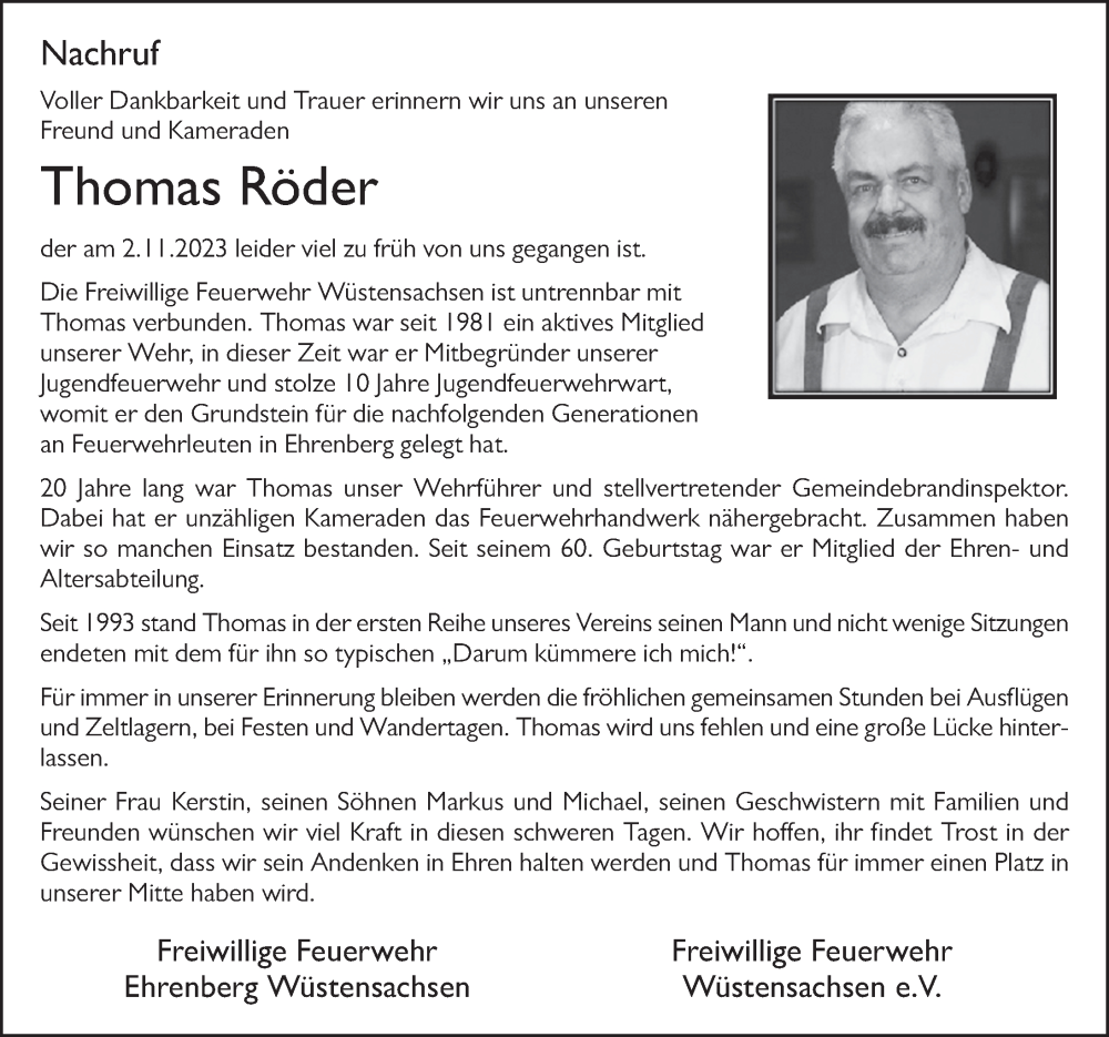  Traueranzeige für Thomas Röder vom 11.11.2023 aus FZ