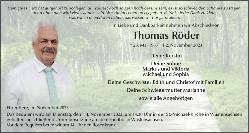  Traueranzeige für Thomas Röder vom 11.11.2023 aus FZ