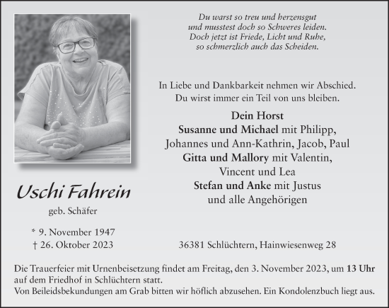 Traueranzeige von Ursula Fahrein von FZ