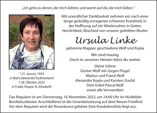 Traueranzeige von Ursula Linke von FZ