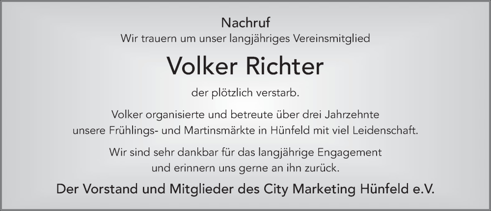  Traueranzeige für Volker Richter vom 04.11.2023 aus FZ