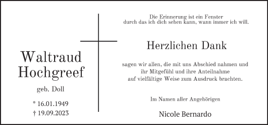 Traueranzeige von Waltraud Hochgreef von FZ