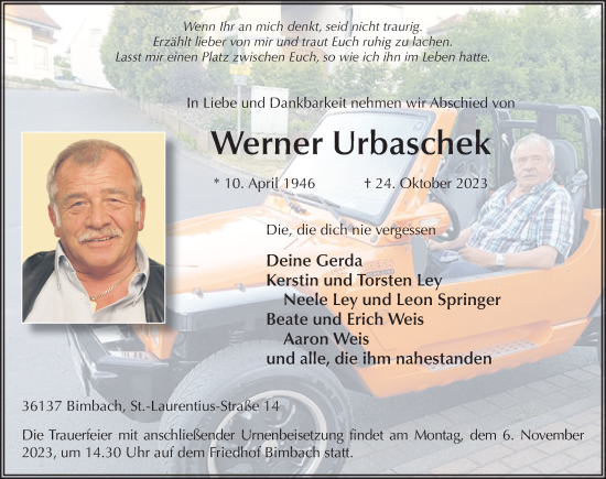 Traueranzeige von Werner Urbaschek von FZ