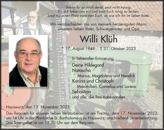 Traueranzeige von Willi Klüh von FZ