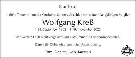 Traueranzeige von Wolfgang Kreß von FZ