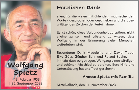 Traueranzeige von Wolfgang Spietz von FZ