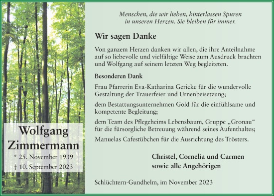 Traueranzeige von Wolfgang Zimmermann von FZ