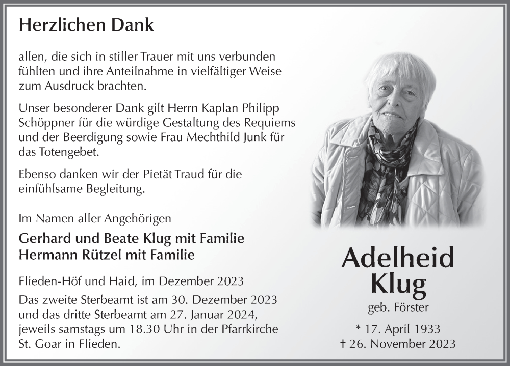  Traueranzeige für Adelheid Klug vom 27.12.2023 aus FZ