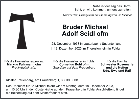 Traueranzeige von Adolf Seidl von FZ