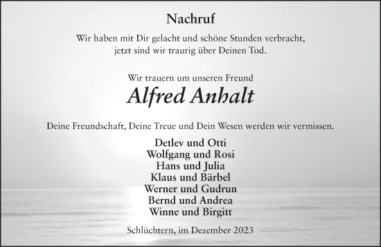 Traueranzeige von Alfred Anhalt von FZ