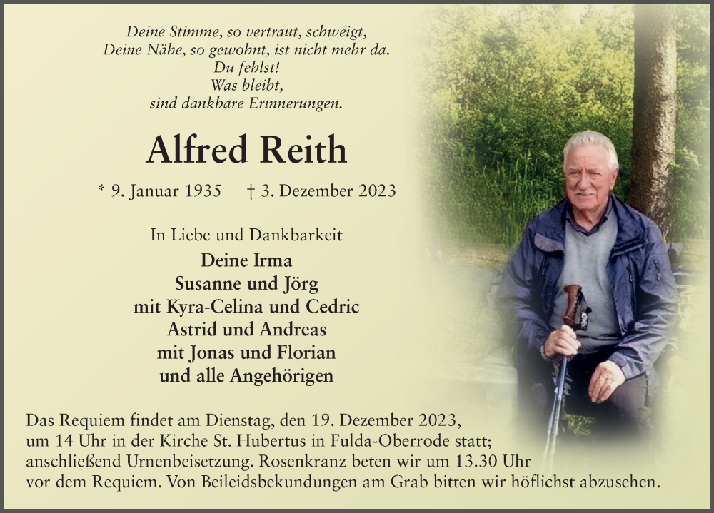  Traueranzeige für Alfred Reith vom 14.12.2023 aus FZ