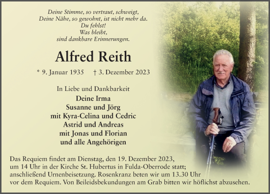 Traueranzeige von Alfred Reith von FZ