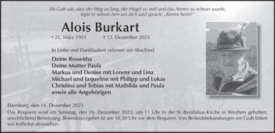 Traueranzeige von Alois Burkart von FZ