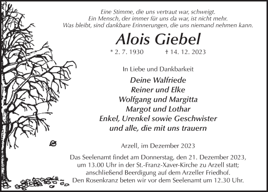 Traueranzeige von Alois Giebel von FZ