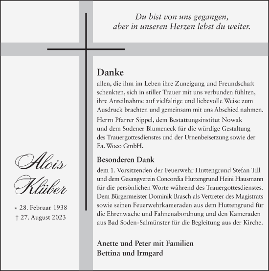 Traueranzeige von Alois Klüber von FZ