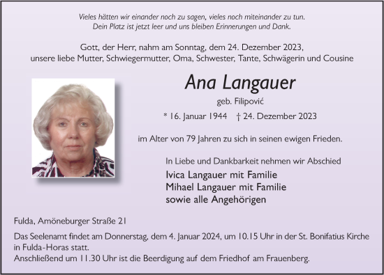 Traueranzeige von Ana Langauer von FZ