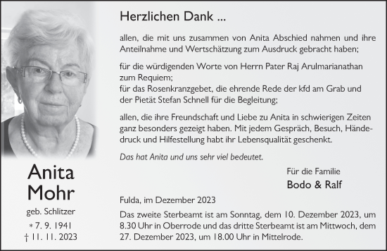 Traueranzeige von Anita Mohr von FZ