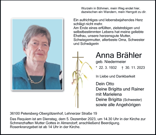Traueranzeige von Anna Brähler von FZ
