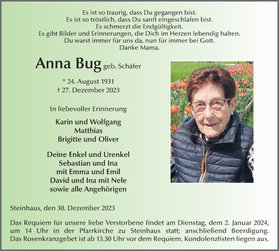 Traueranzeige von Anna Bug