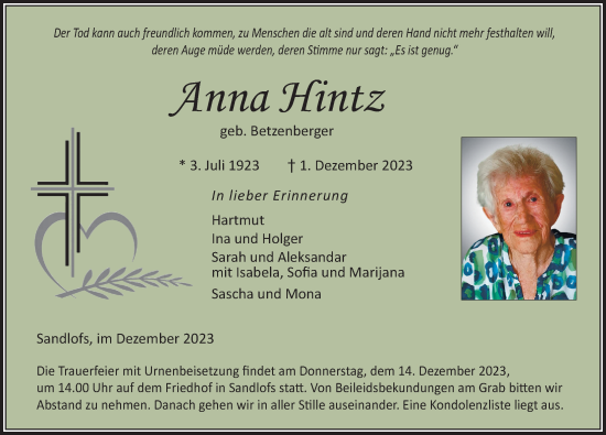 Traueranzeige von Anna Hintz von FZ