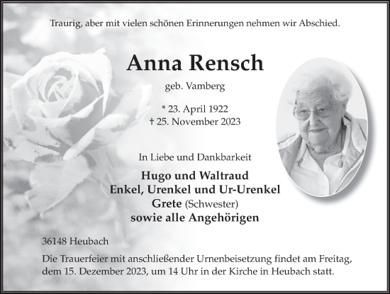 Traueranzeige von Anna Rensch von FZ
