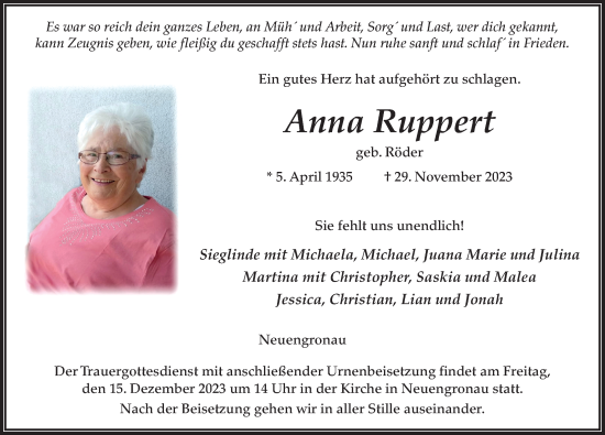 Traueranzeige von Anna Ruppert von FZ