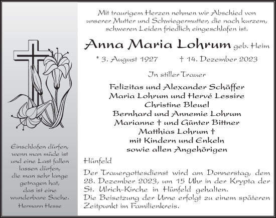 Traueranzeige von Anna Maria Lohrum von FZ