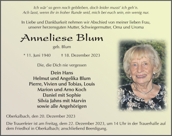Traueranzeige von Anneliese Blum von FZ
