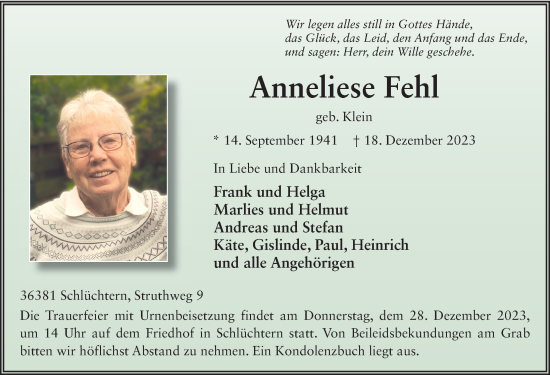 Traueranzeige von Anneliese Fehl von FZ