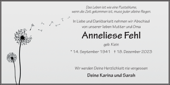 Traueranzeige von Anneliese Fehl von FZ