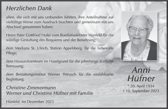 Traueranzeige von Anni Hüfner von FZ
