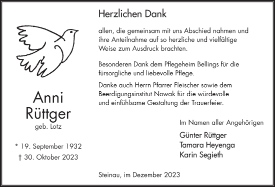 Traueranzeige von Anni Rüttger von FZ