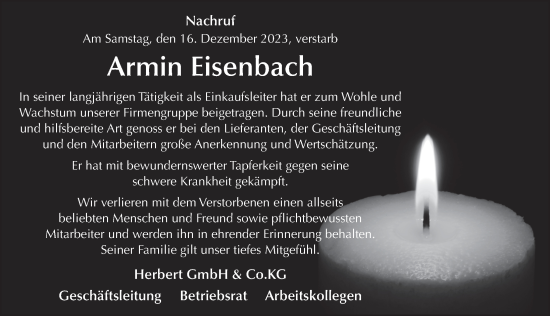 Traueranzeige von Armin Eisenbach von FZ