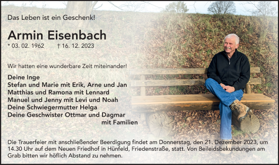 Traueranzeige von Armin Eisenbach von FZ
