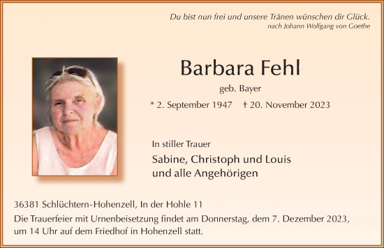 Traueranzeige von Barbara Fehl von FZ