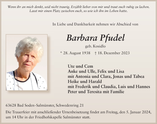 Traueranzeige von Barbara Pfudel von FZ