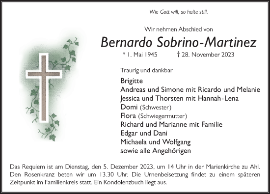 Traueranzeige von Bernardo Sobrino-Martinez von FZ