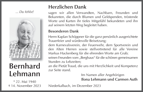 Traueranzeige von Bernhard Lehmann von FZ