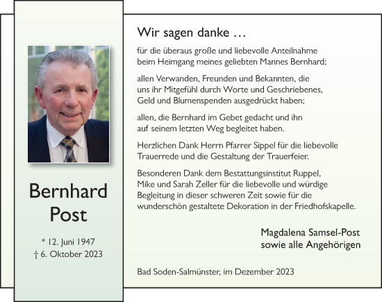Traueranzeige von Bernhard Post von FZ